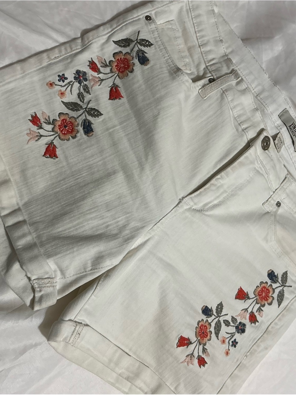 Vintage America White Denim Shorts with Red & Blue Floral Embroidery